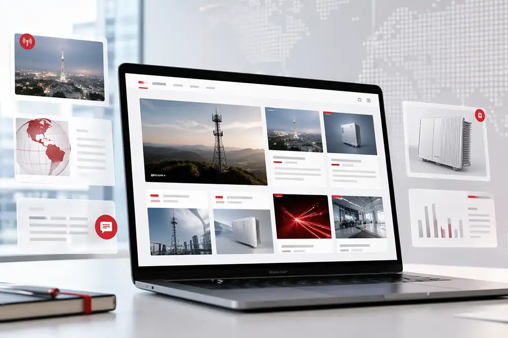 Kathrein News: Moderner Arbeitsplatz mit Laptop und digitaler News-Oberfläche für aktuelle Unternehmens- und Produktneuigkeiten