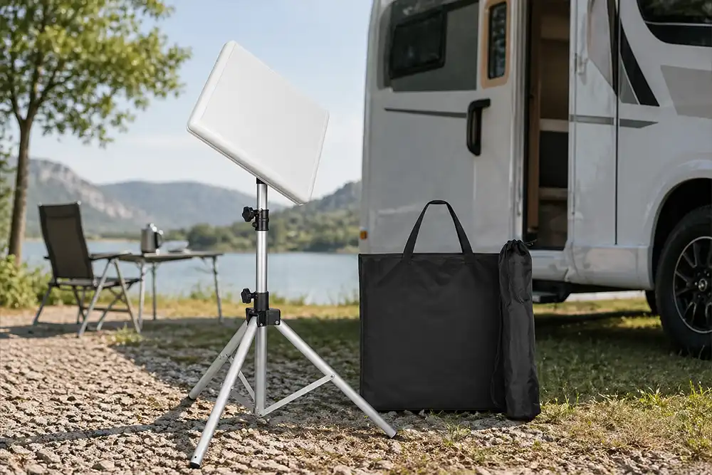 Mobile Camping Sat-Anlage mit Stativ vor einem Wohnmobil