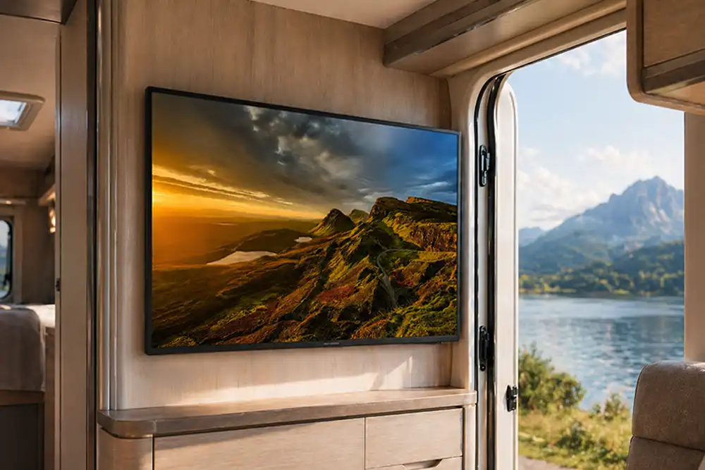 Camping TV-Gerät im Wohnmobil mit Blick auf See und Berge