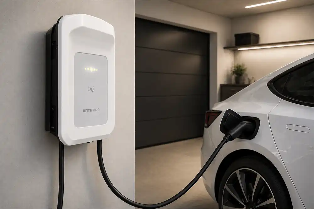 KATHREIN Wallbox in einer Garage mit angeschlossenem Elektroauto