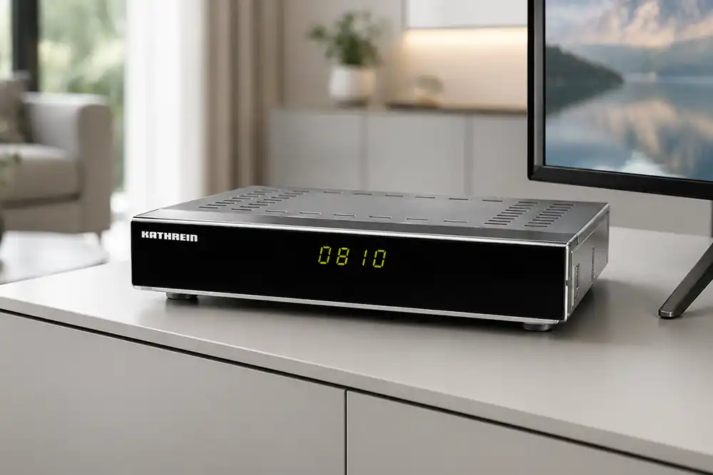 SAT Receiver in einem Wohnzimmer neben dem Fernseher
