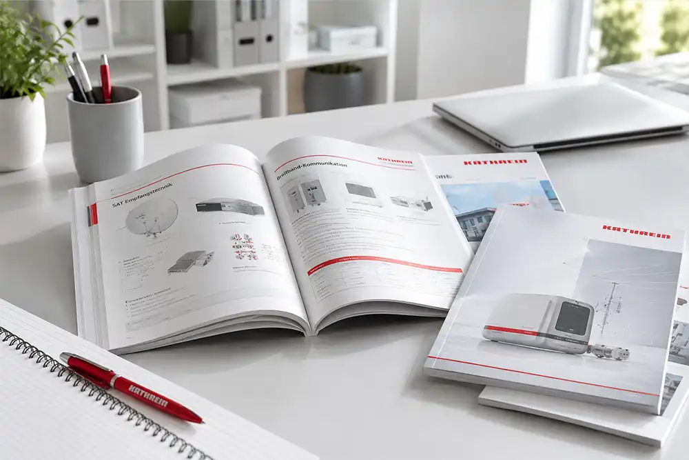 kathrein_kataloge_und_prospekte_foto KATHREIN Kataloge und Prospekte auf einem modernen Schreibtisch mit geöffnetem Produktkatalog, weiteren Broschüren, Laptop und rotem Kugelschreiber.