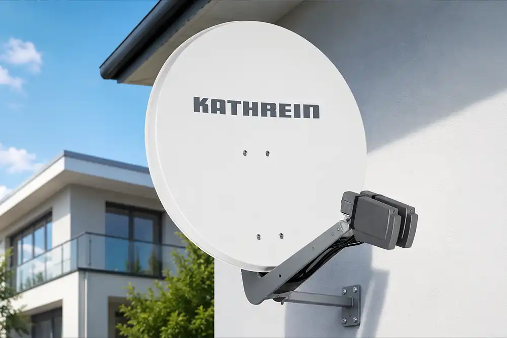 kathrein_produktkategorie_sat_antennen KATHREIN Satellitenspiegel an moderner Hausfassade für stabilen Satellitenempfang