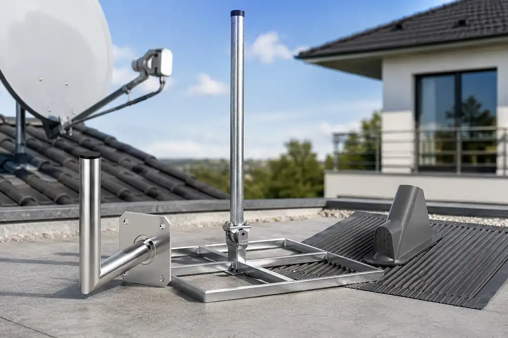 kathrein_produktkategorie_sat_zubehoer Montagezubehör für SAT-Anlagen mit Mast, Wandhalter und Dachziegel auf einem Hausdach