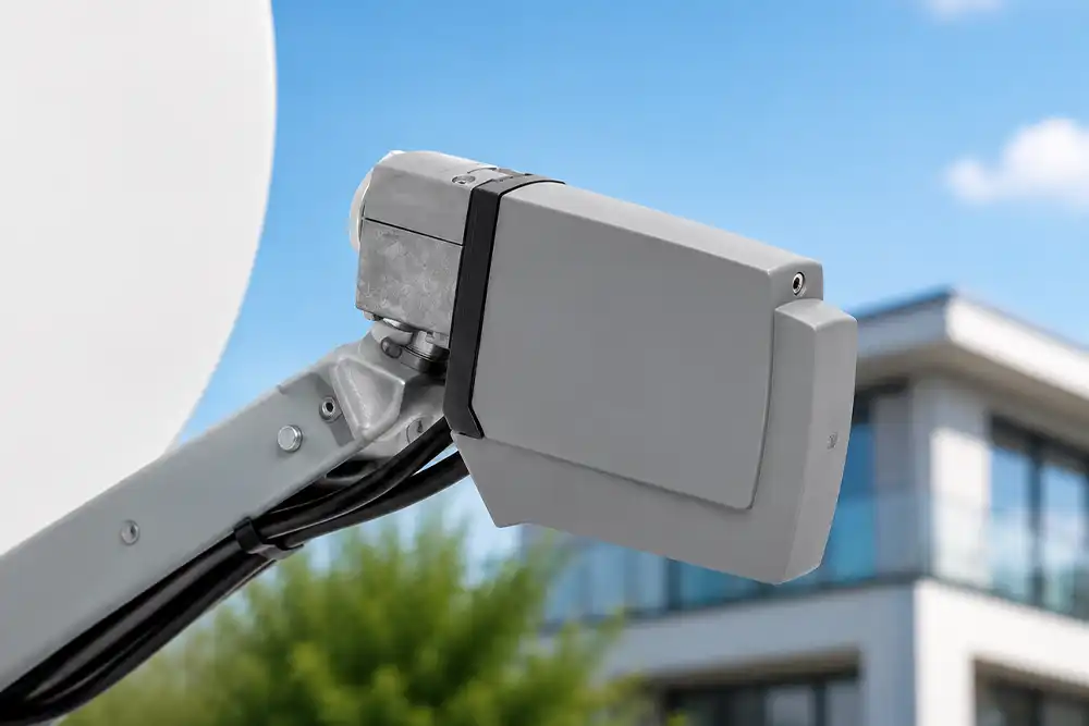 kathrein_produktkategorie_speisesysteme_lnb KATHREIN LNB am Speisearm eines Satellitenspiegels für die Signalumsetzung